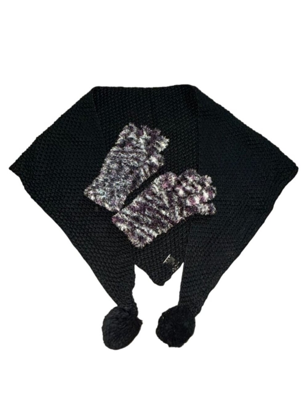 Womens Knit Shawl Style Scarf And Gloves-Black & Purple-One Size-GUC